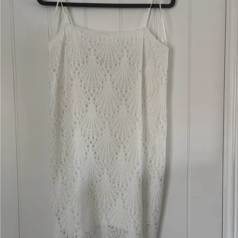 Zara White Lace Strapless Slip Dress with Fan-Pattern Overlay